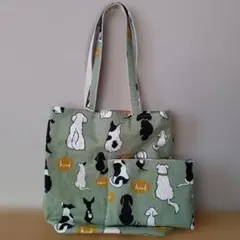 ハンドメイド　肩がけトートバッグ＆ファスナーポーチセット　ワンコ後姿