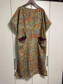 着物リメイク更紗模様ボートネックワンピース