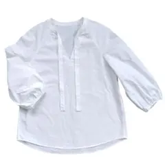 ホワイト Vタイネック長袖プルオーバーシャツ バルーンスリーブ