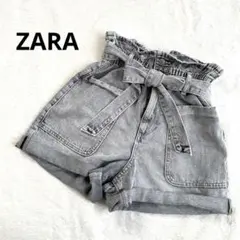 ザラ ZARA デニムショートパンツ カットオフ グレー　ウエストリボン　美品