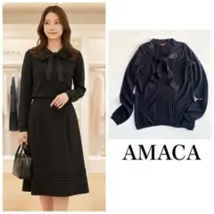 AMACA アマカ ボウタイリブニット 黒 ラメ リボンブラウス ピンタック