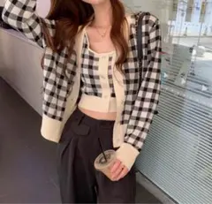 【大人気】千鳥格子柄　ニットカーディガン　オルチャン　韓国