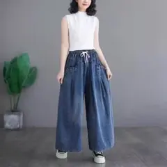 ワイドパンツ デニム ガウチョパンツ ゆったり 楽ちん 通年 着痩せ