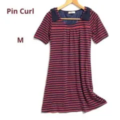 ピンカール(M)ボーダーワンピース　ミディアム　半袖　リボン　ストレッチ　赤紺