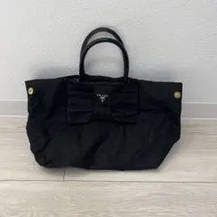 PRADブラウン2wayバッグ ハンドバッグ リボン ロゴ金具 バイカラー 