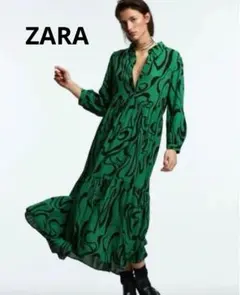 ザラ マーブル柄ティアード キシワンピース 抽象模様 長袖シャツワンピ 緑 黒