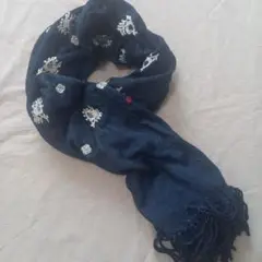 値下げ　45R インディゴ刺繍入りネイビー ストール フリンジ付き