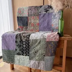 未使用❁大判　エンブロイダリー　グレー　パッチワークカンタキルトマルチカバーラグ