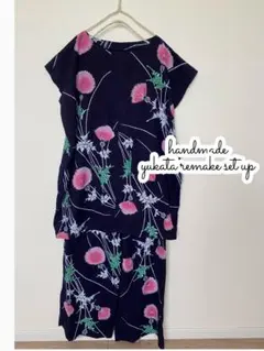 浴衣反物リメイクチュニックとワイドパンツ セットアップ上下紺あざみ綿ワンピース