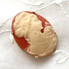 ヴィンテージブローチ カメオシェル 貴婦人 テラコッタ アンティーク ゴールド⑤