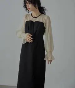 【美品】ビスチェ風ボリュームスリーブシフォンドレス 結婚式 同窓会　LL