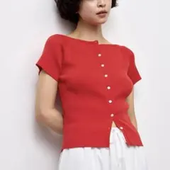 【美品】GUリブボートネックカーディガン 半袖 レッド