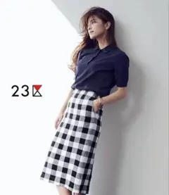 新品タグ付き23区 ギンガムチェック リネン ミモレ丈スカート 38 麻100％