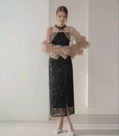 【LEJA】フリルチュールスリーブリボンIラインワンピースドレス2点セット