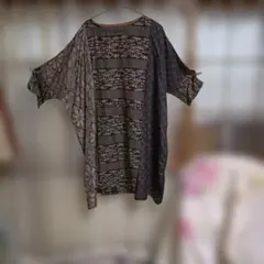 着物リメイク大島紬の花柄幾何学模様 半袖チュニック フリーサイズ