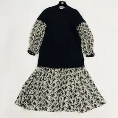 クラネ　ワンピース　長袖　花柄　フラワー　ドッキング　ロング　フレア　ブラック