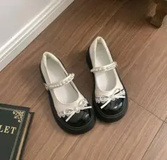 リボン付き　マリーヌシューズ 白黒