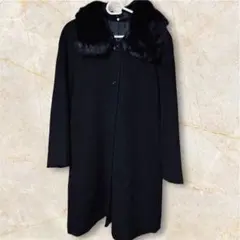 カシミヤ混　ウール　ブルーフォックス　L 黒　ファー　ロングコート