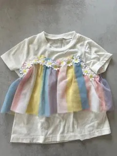 フラワー刺繍付きチュールTシャツ 100cm