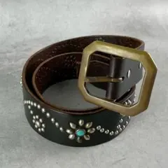HTC ベルト　スタッズ　ターコイズ　レザー　バックル　ブラック　フラワー