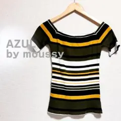 AZUL by moussy　カットソー　半袖　スクエアネック　ボーダー　緑白黄のサムネイル