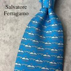 美品 Salvatore Ferragamo クジラ柄 ハート ネクタイ 水色