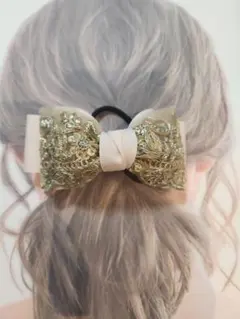 在庫整理SALE!!　インド刺繍リボンヘアゴム　アイボリー