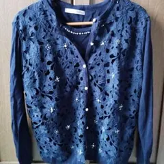 Brillage ネイビー 花柄レース アンサンブルカーディガン