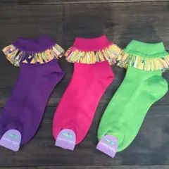 ソックス　3足セット　派手カラー　原色　ピンク　ライムグリーン　パープル