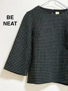 【美品 】BE NEAT 黒 刺し子柄 7分袖トップス ウール素材 Mサイズ