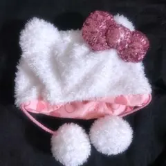 USJ キティ　ファンキャップ　スパンコールリボン 白 ユニバ