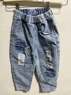 ライトブルー ダメージ加工 ロングパンツ