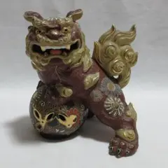 九谷焼色絵金彩玉乗り赤唐獅子狛犬シーサー工芸陶器開運縁起物魔除アンティークレトロのサムネイル