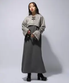 週末値下げ HARE ジャガードチャイナレイヤーライクフレアワンピース グレー