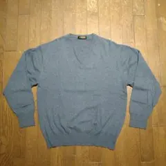 L'UOH カシミア100% ニット Vネック ブルー系 L 日本製