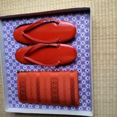 赤みがかった草履とバッグと作り帯 セット