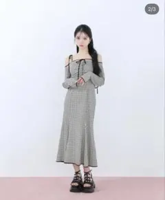 m me eme エムミーエメ ギンガムチェックアンサンブルロングワンピース