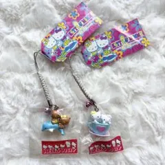 ハローキティ　ストラップ　キティ&ミミィ　日焼け　黒肌　イルカ　コーヒーカップ