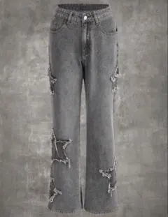 星型ダメージ ワイドレッグデニムパンツ