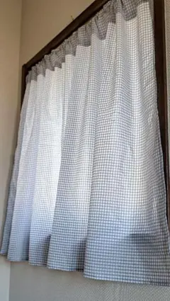 カフェカーテン＊ハンドメイド＊ライトグレー系＊チェック柄＊綿ポリ混＊弱リップル