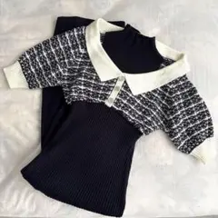 dazzlin ツイードショートニットワンピース ネイビー