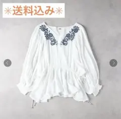 インド綿ブラウス　刺繍入り ホワイト 長袖【Right-on】のサムネイル