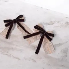 ブラウンベロア×ピンクレース　リボンヘアピン　2個セット