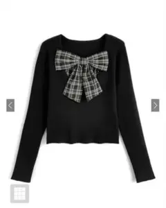 チェック柄リボンドッキングリブニットトップス gn548