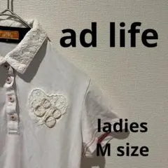 美品 adlife レディース ポロT ワンポイント刺繍 M 花柄襟 古着