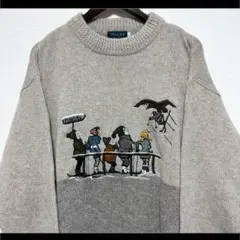 1点モノ 総柄ニット セーター ベージュ系 刺繍デザイン ラムウール アンゴラ混