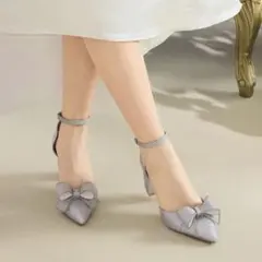 SHEIN チャンキーヒールパンプス　シルバー　リボン　ラインストーン　25.5のサムネイル