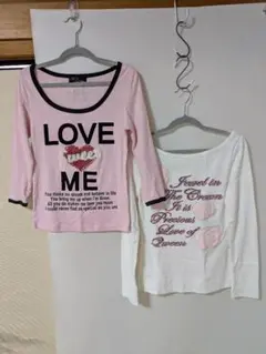 セシルマクビー 7分袖ロゴピンクTシャツ 長袖薔薇ロゴ白Tシャツ 2枚組