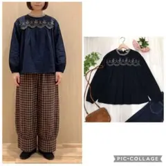 ミナペルホネンネイビー 花柄刺繍 五分袖ブラウス - メルカリ