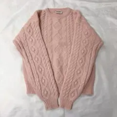 美品 古着 ヴィンテージ ケーブルニット セーター　ウール100% ピンク